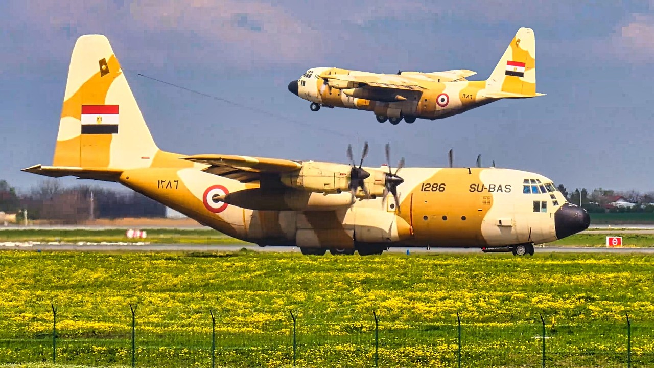 2 Egypt Air Force Lockheed C-130H Hercules LANDING & TAKEOFF at Belgrade Airport