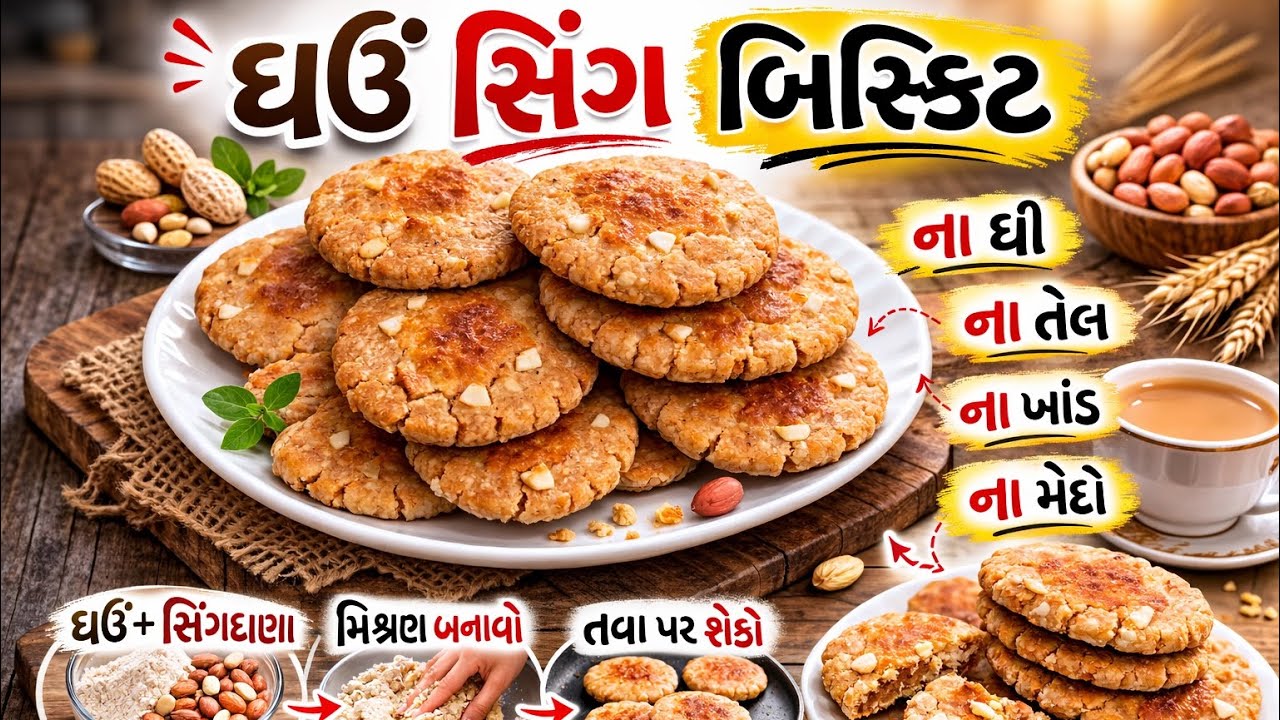 ના ઘી ના તેલ ના ખાંડ ના – ઘઉંના લોટના સિંગદાણા બિસ્કિટ | Oven વગર Crispy Biscuits