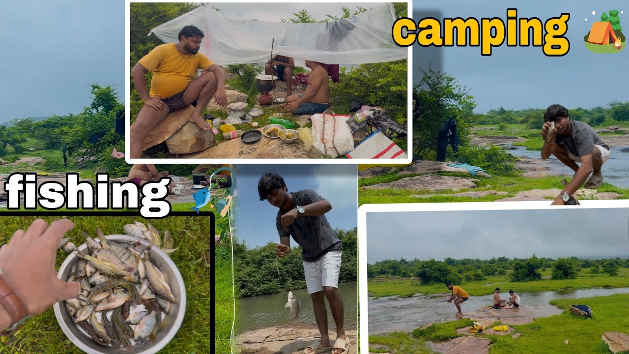 2  Days Group Camping & Fishing in Heavy Rain & Thundering, Fishing From mountain River #camping 