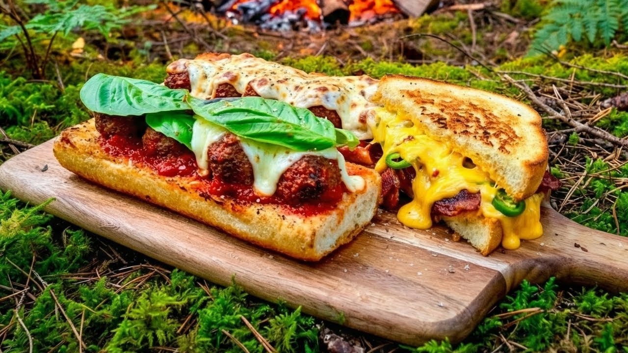 EPIC Grilled Cheese and Meatball Sub Over The Fire! - ASMR Cooking 4K