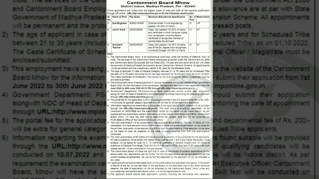 Various Vacancies in Cantonment Board Mhow, Indore...