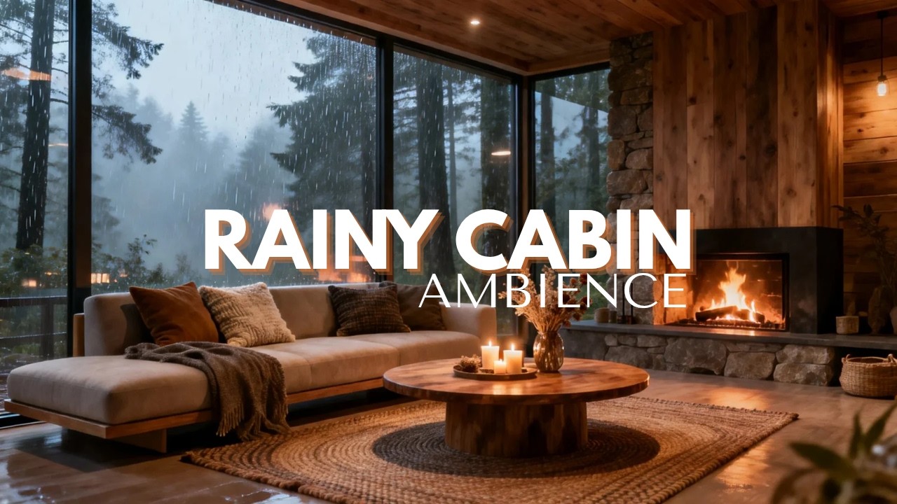 Rainy Cabin Ambience with Warm Fireplace | Relax, Sleep, Study