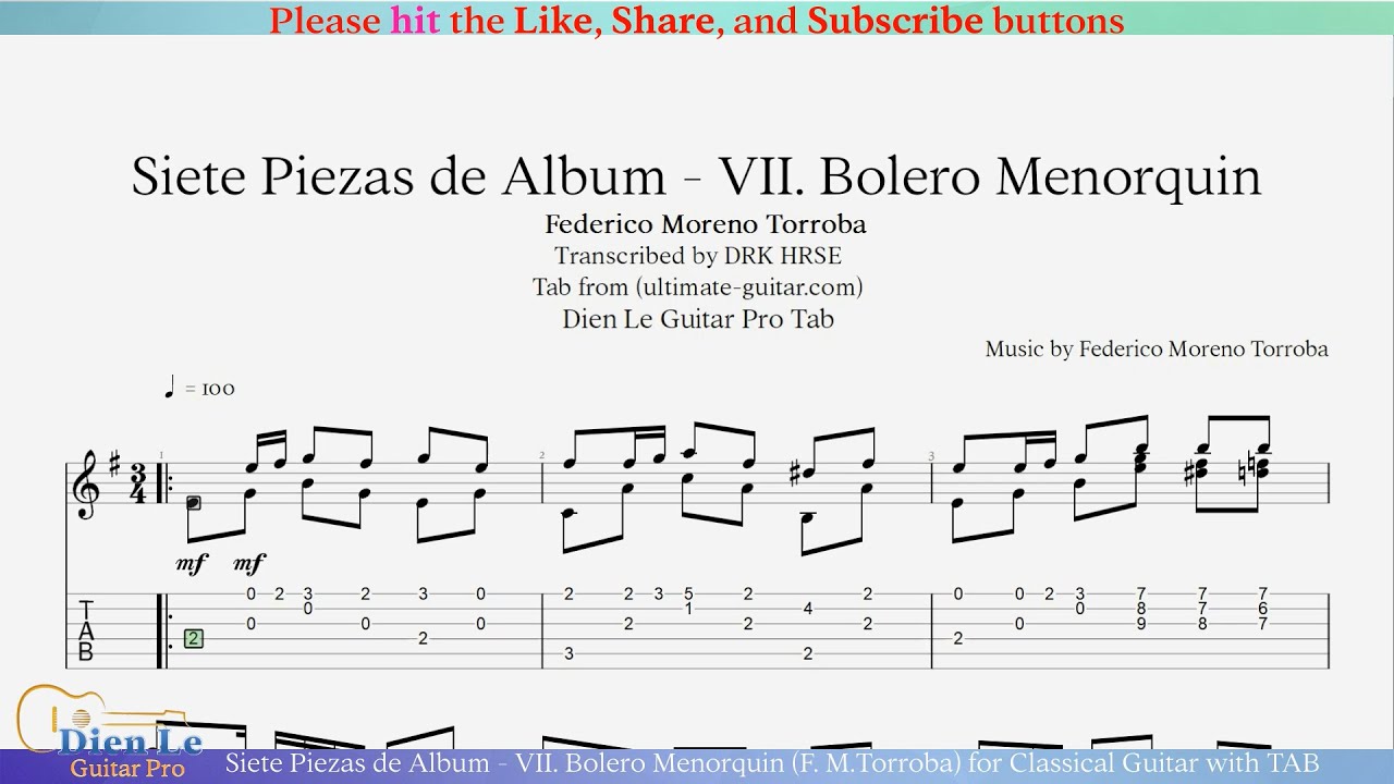 Siete Piezas de Album - VII. Bolero Menorquin (F. M.Torroba) for Classical Guitar with TAB