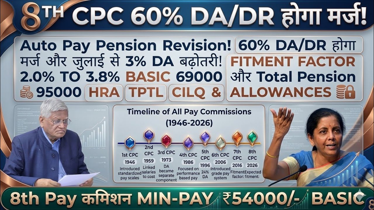 8th CPC में 60% DA/DR होगा मर्ज! Fitment 2 से 3.8 Basic Salary 69k से 95k तक!  Min-Pay 54k @ATARLLB