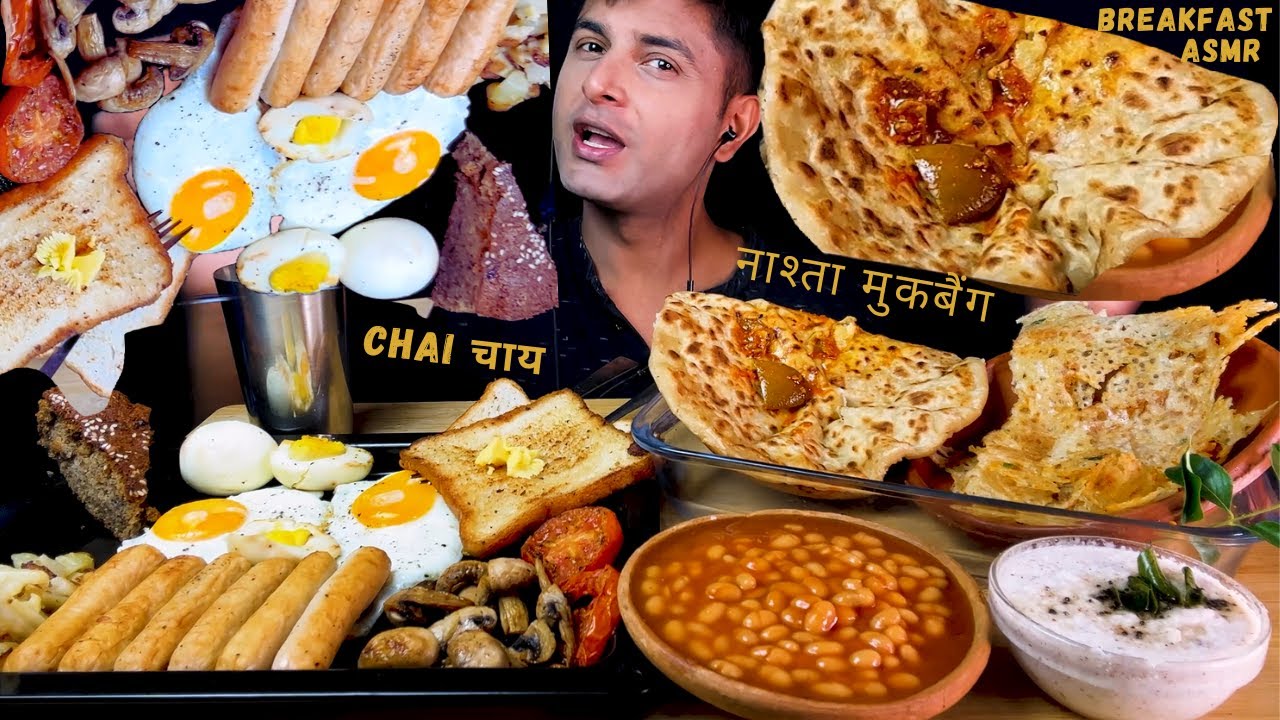 FULL ENGLIGH BREAKFAST ASMR AALOO PARATHA,RAVA DOSA,EGG,SAUSAGE,CAKE,CHAI MUKBANG EATING SHOW