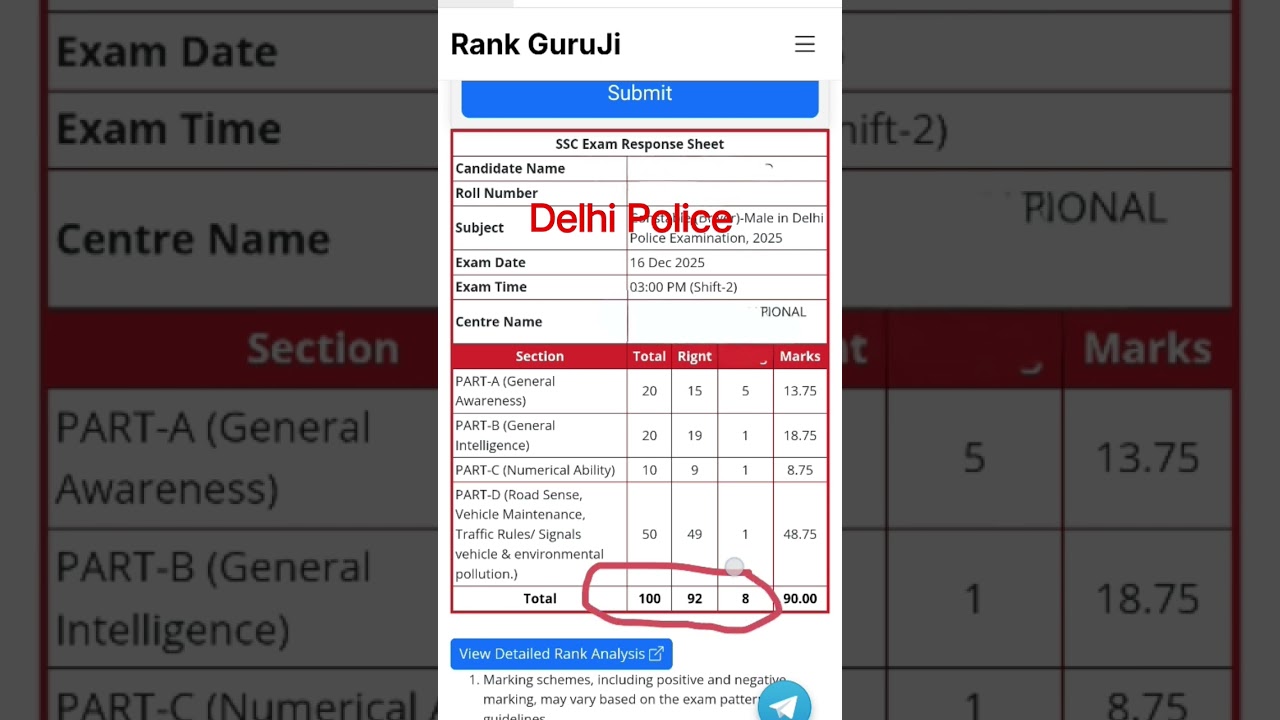 delhi police score card delhi police driver score card delhi police constable score card