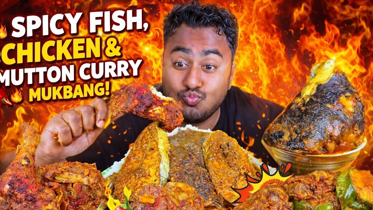 Eating Spicy Fish Curry, Chicken Leg Curry, Mutton Curry with Rice, Food Eating Video food delicious