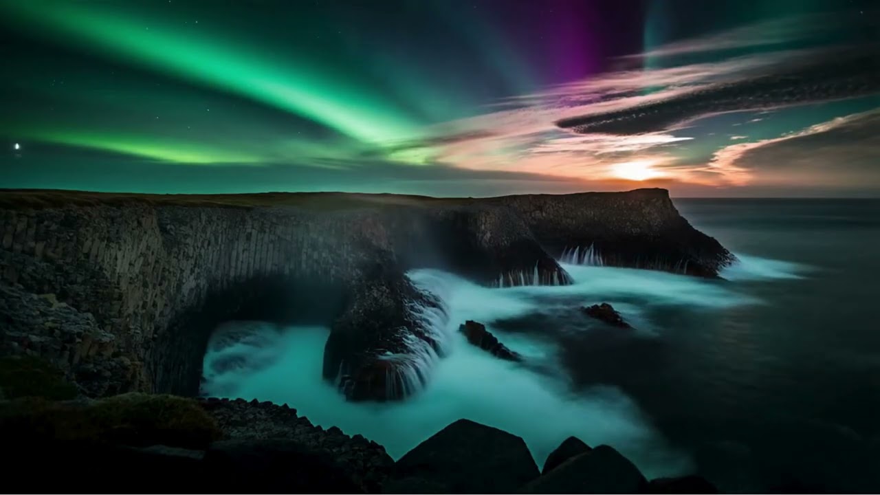 Ambience Videos | Clifftop Aurora Australis — Powerful Waves Crashing for Focus & Sleep