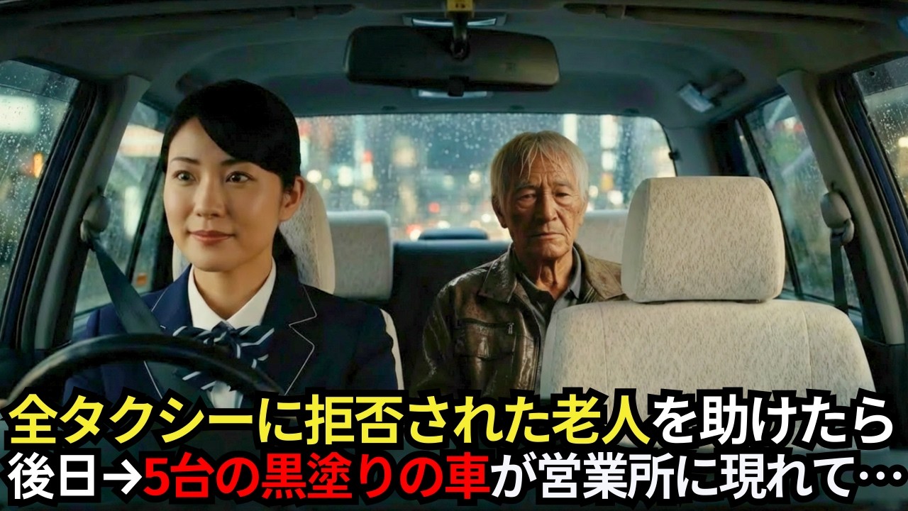 土砂降りの夜、全タクシーに拒否された泥だらけの老人を受け入れて缶コーヒーを渡した女性運転手。翌日クビにされ泣き崩れていると、5台の黒塗りの車が営業所に現れて…【感動する話】