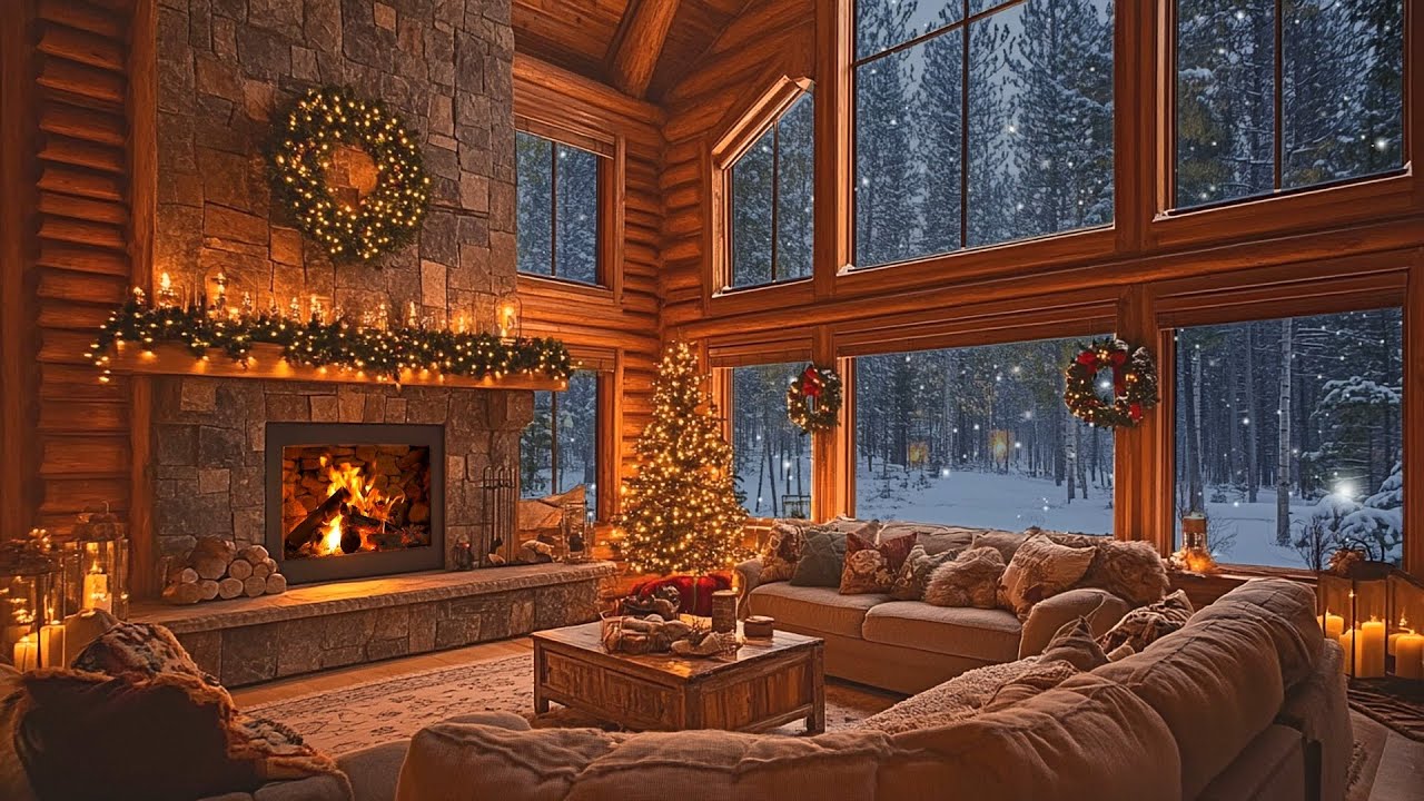 Calm Jazz Music 🎹 Winter Fireplace Ambience ❄️ Snowfall for Sleep, Study & Relaxation 🔥