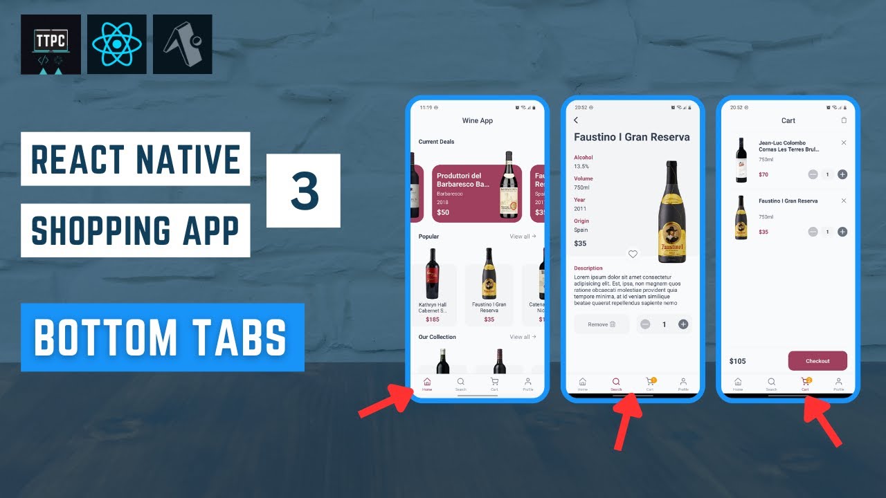 React Native Wine Shop App #3 - Bottom Navigation Tabs