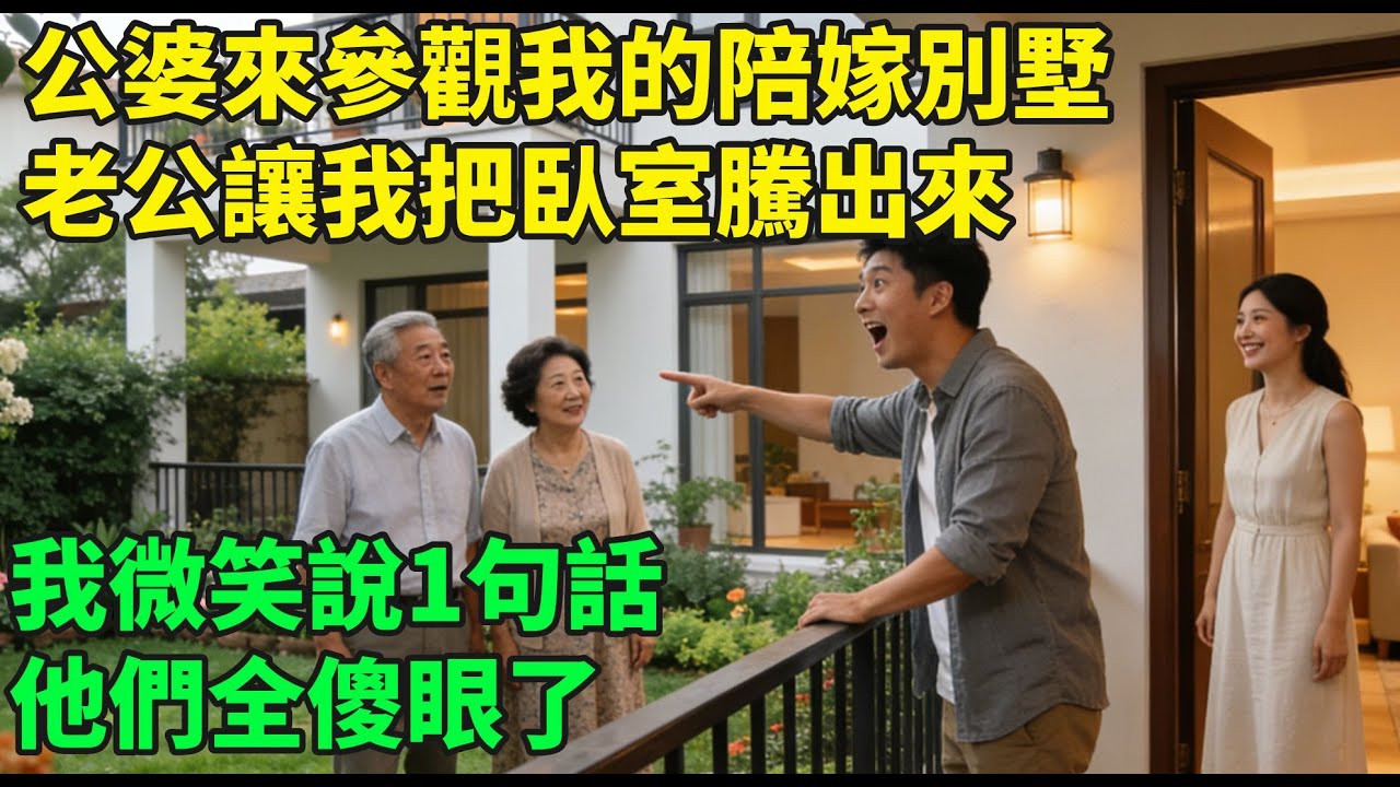 公婆來參觀我的陪嫁別墅，老公興高采烈：這環境真好，花園給我爸種菜，露台給我媽養雞，你明天把卧室騰出來！我微笑説1句話，他們全傻眼了！#完結故事#情感故事#爽文#婆媳關系#家庭生活#故事頻道#故