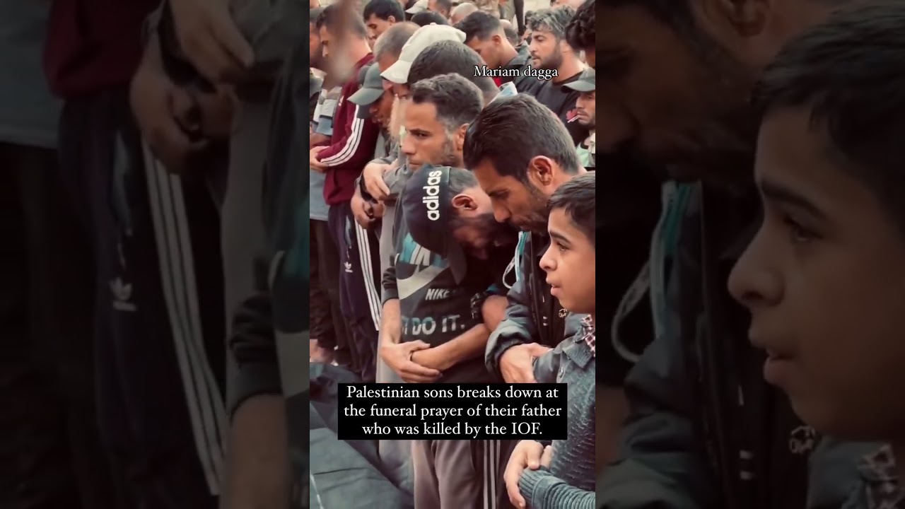 Palestinian sons break down at the funeral prayer of their father #gaza #palestine #shorts