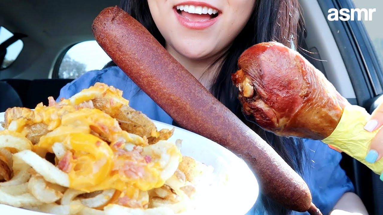 ASMR (Whisper) - Cheesy Bacon Curly Fries, Jumbo Corndog, Giant Turkey Leg | Car Mukbang 먹방