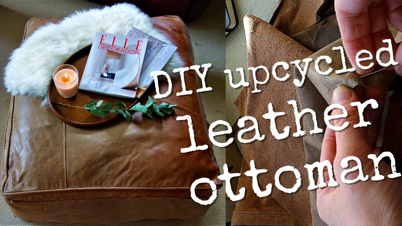 Upcycled leather ottoman + how I hand-sew leather