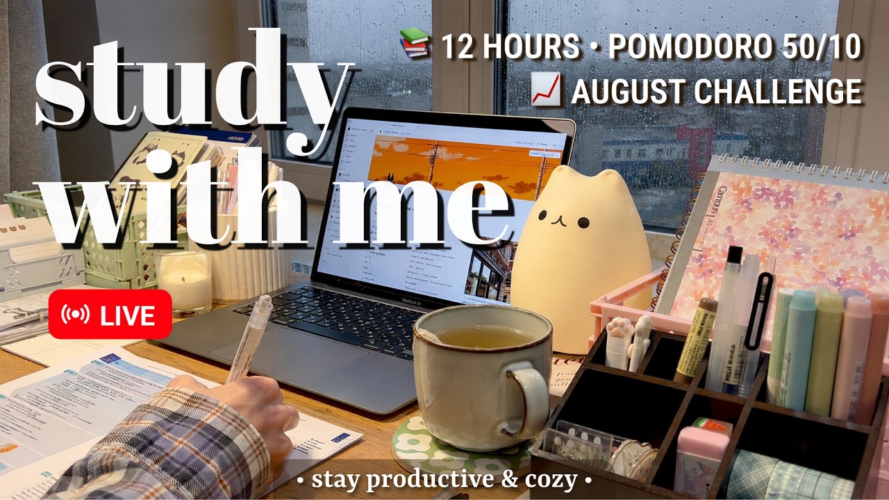Challenge &bull; 12 HR &bull; STUDY WITH ME ☔️ Rain Sound for Best Focus | Pomodoro 50/10