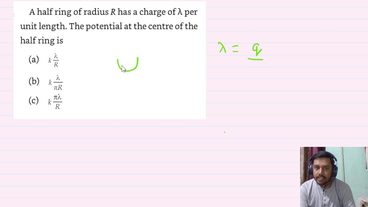 A half ring of radius R has a charge of &lambda; per unit length. The potential at the centre of the half r