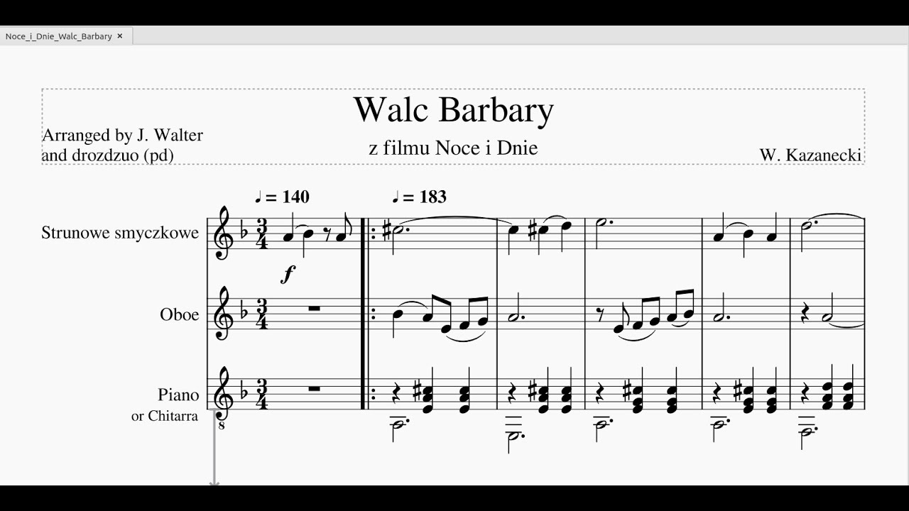 Walc z filmu Noce i Dnie, Walc Barbary, W. Kazanecki, nuty, Waltz from the film Nights and Days