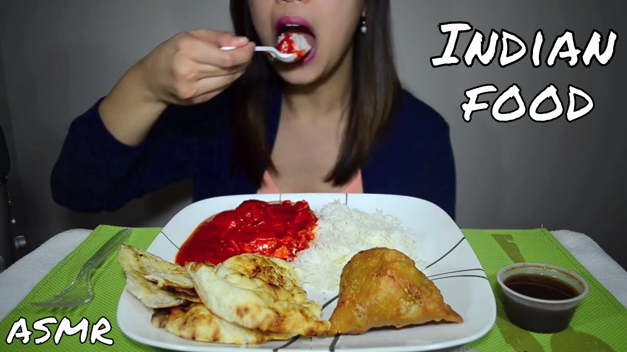 ASMR: Indian Food - Butter Chicken, Vegetable Samosa & Naan Bread ^_^ Eating Sounds