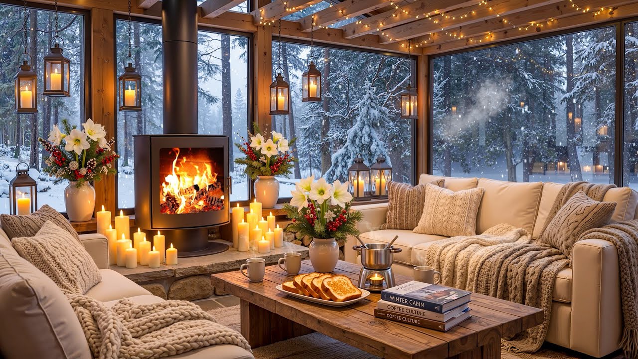 Cozy Winter Cabin Ambience ❄️ Soothing Jazz & Crackling Fireplace for Relax, Sleep