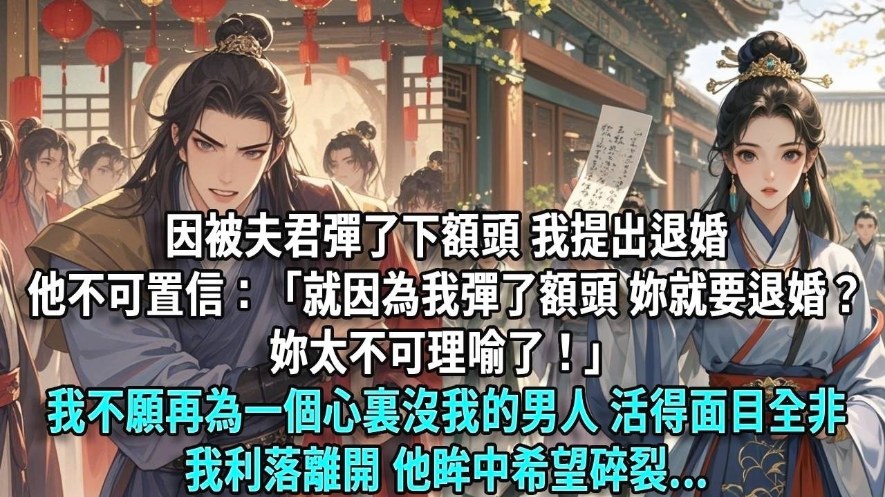 因被夫君彈了下額頭，我提出退婚他不可置信：「就因為我彈了額頭 妳就要退婚？妳太不可理喻了！」我不願再為一個心裏沒我的男人，活得面目全非我利落離開，他眸中希望碎裂