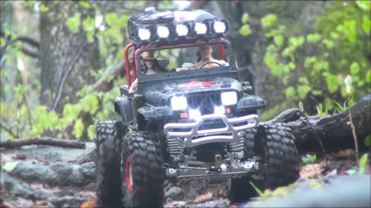 Tamiya CR-01 Jeep Wrangler in a rainy stony Forest