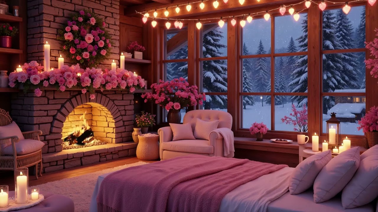 💘🌹 Beside a Wooden House Filled with Valentine's Day ✨ Cozy Fireplace + Melodious Jazz Music