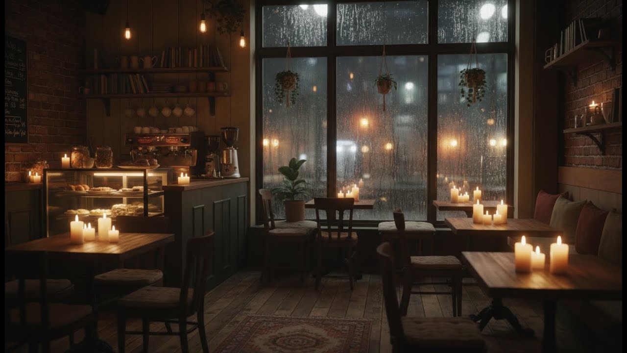 Rainy Jazz Cafe Evening Ambience | Soft Cozy Jazz with Rain for Work, Study, Relax, Sleep