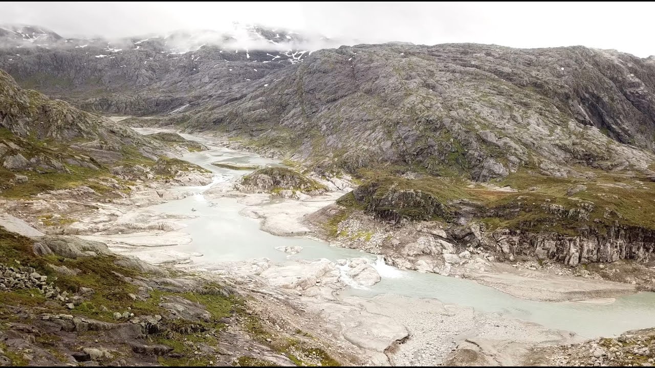 Folgefonna Glacier, Svelgabreen and Mosevatnet, Norway. Drone flight.
