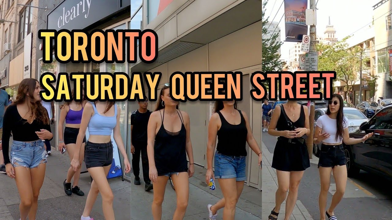 Toronto Saturday Queen Street Downtown walking Tour Canada 4K