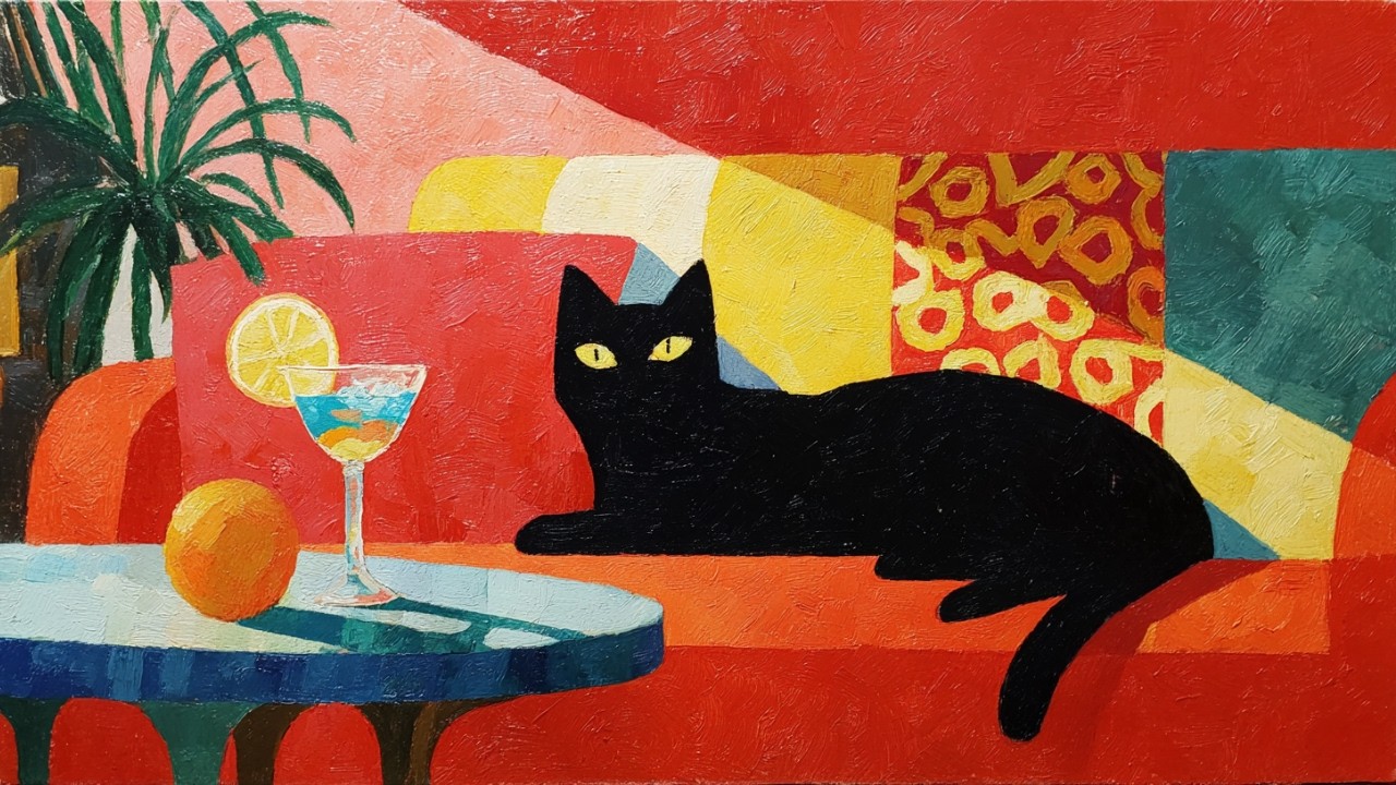 JAZZ HOUSE　Black Cat on Velvet Sofa | Retro Aesthetic