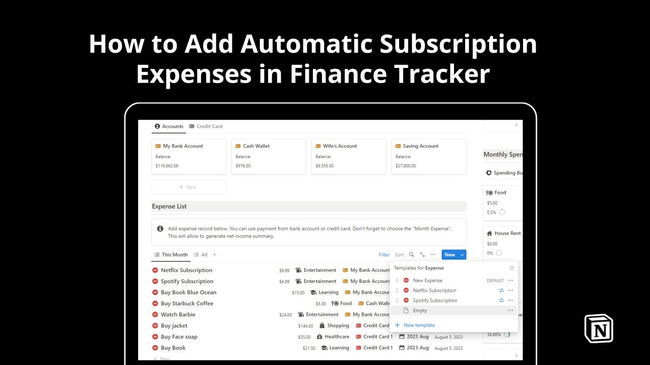How to Add Automatic Subscription / Recurring Expenses in Notion Finance Tracker Pro