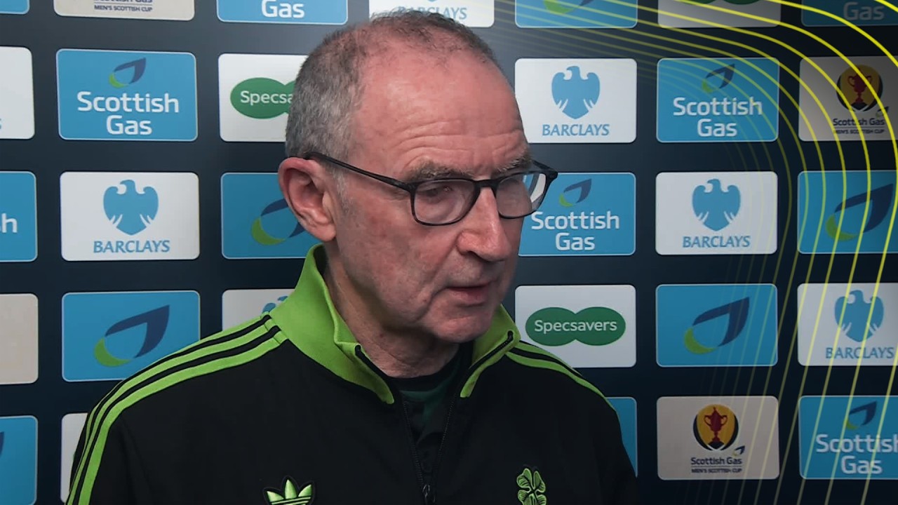 Martin O'Neill reacts after Celtic's penalty shootout win against Rangers in the Scottish Cup