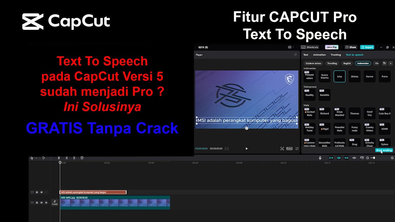 text to speech pada capcut versi 5 kini menjadi pro,  ini solusinya agar dapatkan fitur pro tersebut
