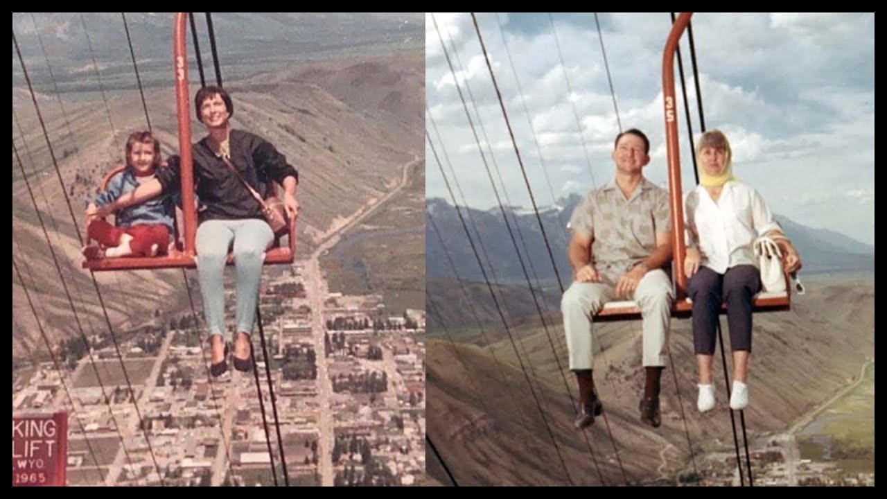 Vintage pictures of Snow King Chairlifts without any safety bars that look very unsafe