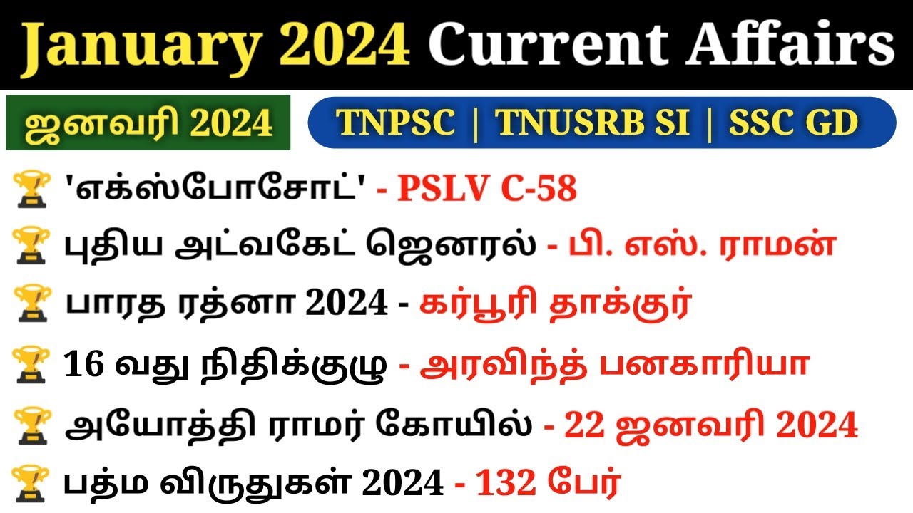 January 2024 Monthly Current affairs | நடப்பு நிகழ்வுகள் ஜனவரி 2024 | 5 Second gk
