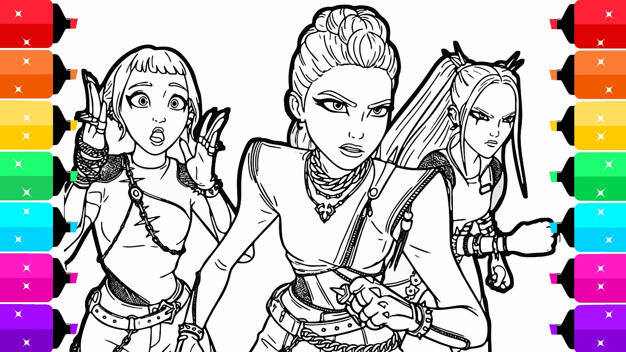 Coloring Huntrix Fight Scene KPop Demon Hunters Coloring Page