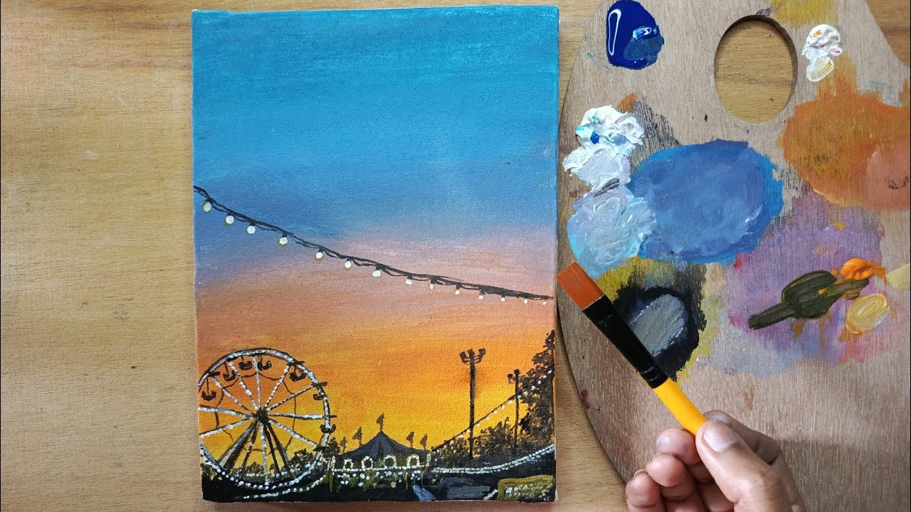 How to paint sunset ferris wheel acrylic painting for beginners #60fps