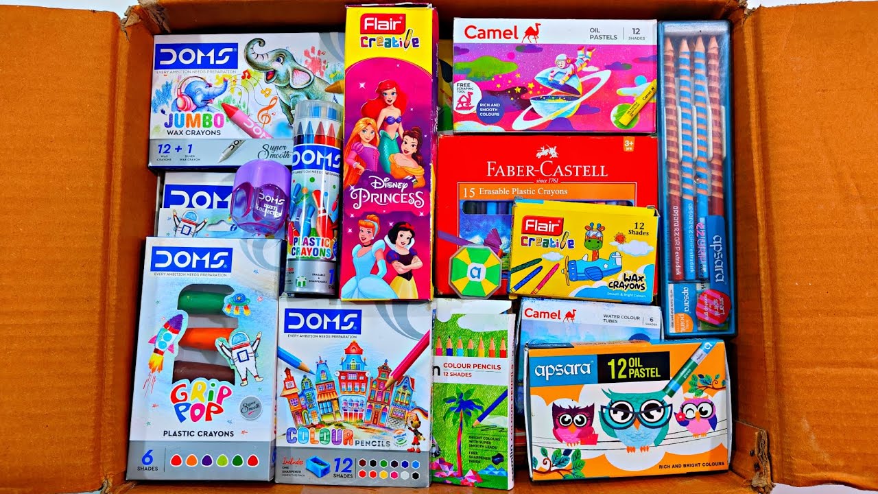 Unboxing DOMS Stationery 📚, Flair Creative Kit, Apsara Stationery, Oil Pastel, Wax Crayons, Pencils