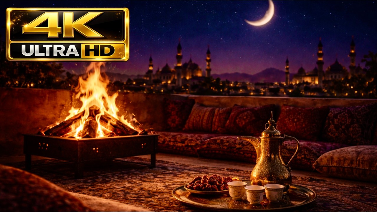 Ramadan Rooftop Fireplace 🌙🔥 Cozy Night Ambience with Arabic Coffee | 4 Hours Relaxing Fire Sounds