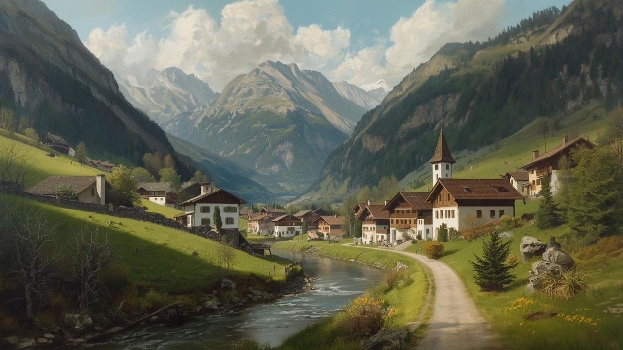 Swiss Alpine Mountain Village River Vintage Painting | Frame TV Art Display | 2-Hour Screensaver