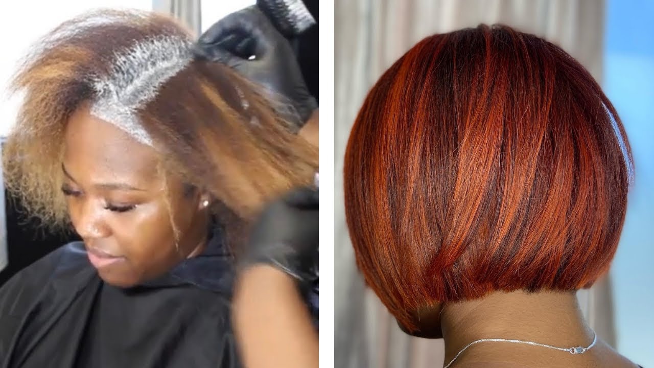 👩🏾‍🦰Bright Orange Bob with Lowlights?! #silkpress #bob