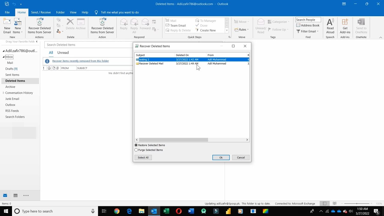 Recover permanently deleted emails from Outlook 2016