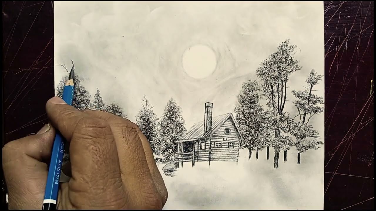 How to Draw a Cabin in the Forest with Trees and Stones Under the Moonlight | Pencil Drawing