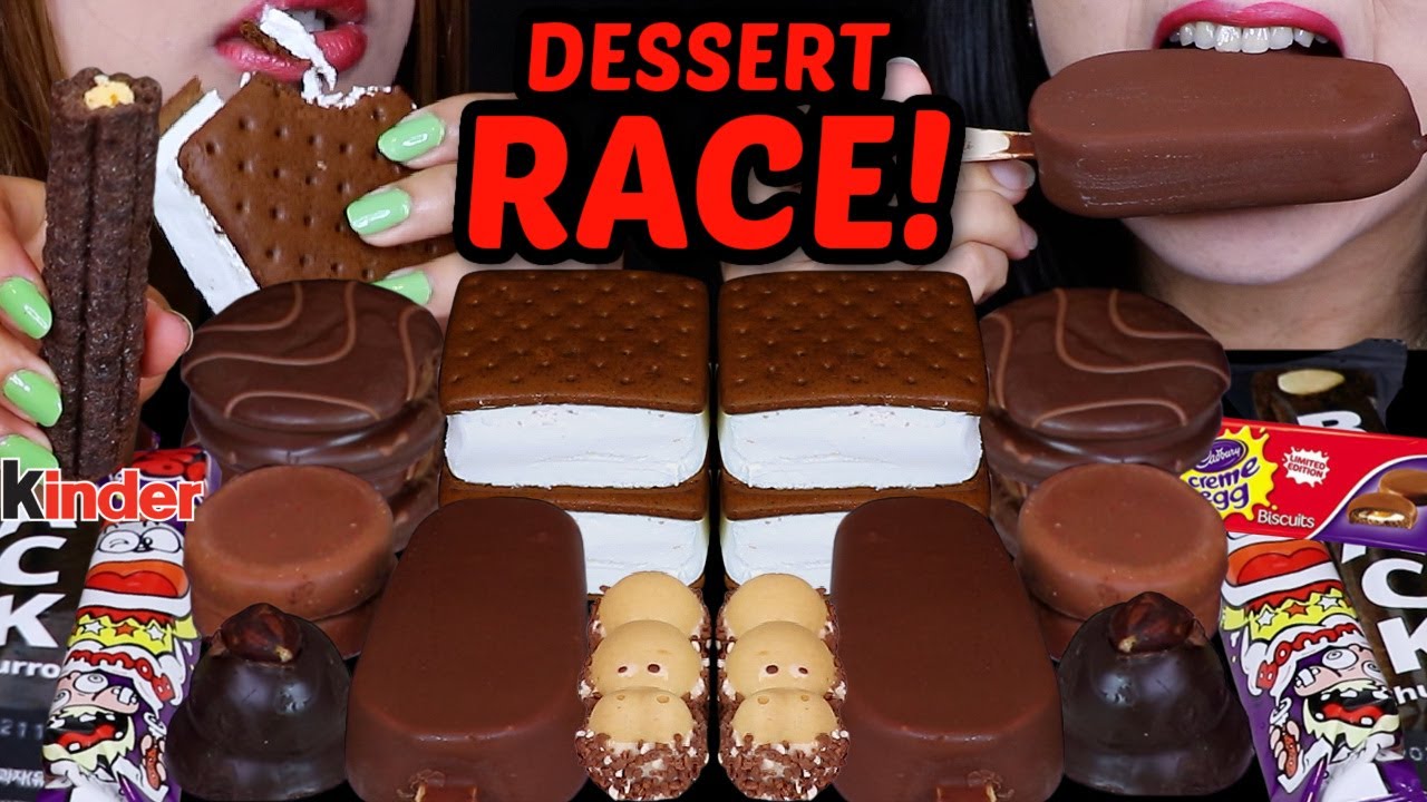 ASMR LEFTOVER DESSERT RACE! CADBURY CREAM EGG COOKIES, BLACK CHURROS, KINDER HAPPY HIPPO, ICE CREAM