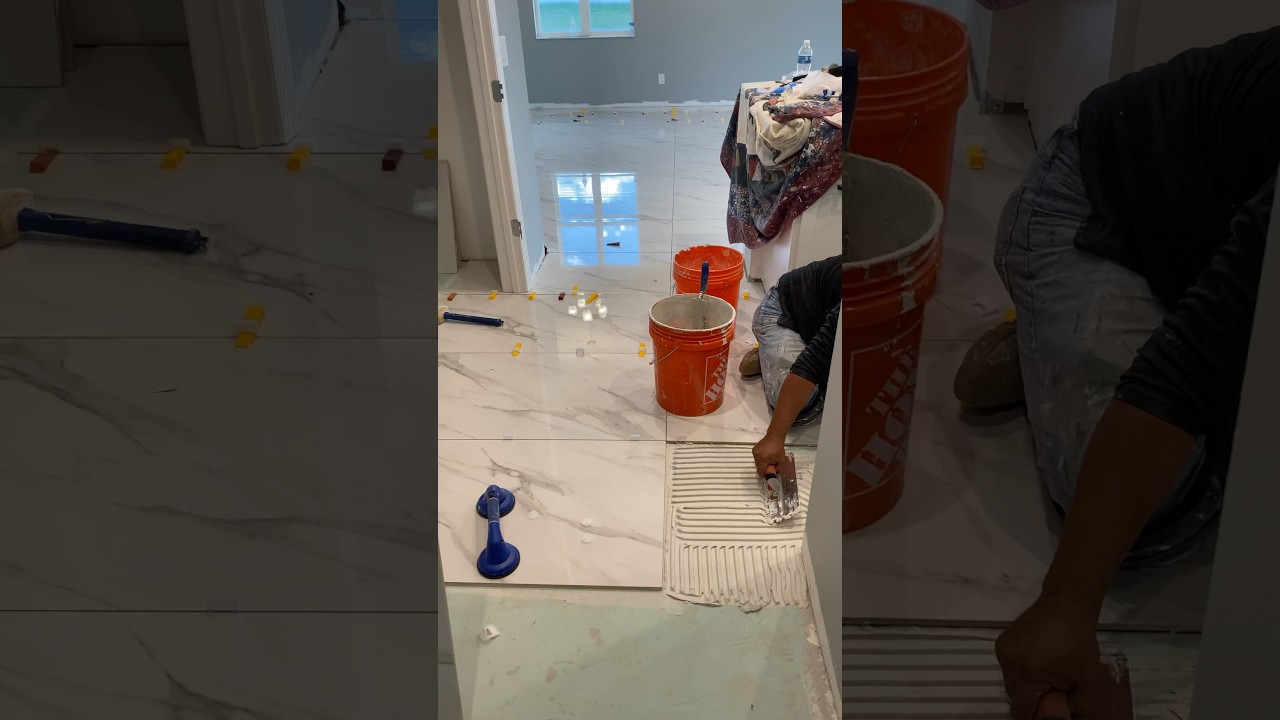 Installing 24x48 inch tiles! Big porcelain tiles! #diy #tile