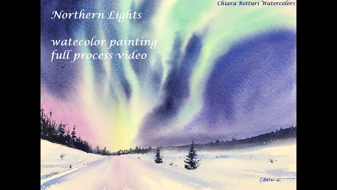 Northern Lights. Watercolor painting full process video.