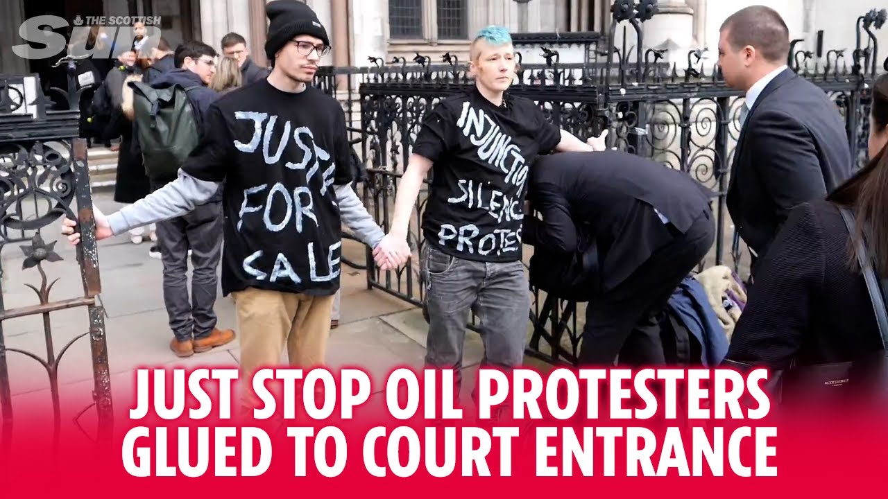 Public duck under arms of Just Stop Oil activists glued to Royal Courts of Justice entrance
