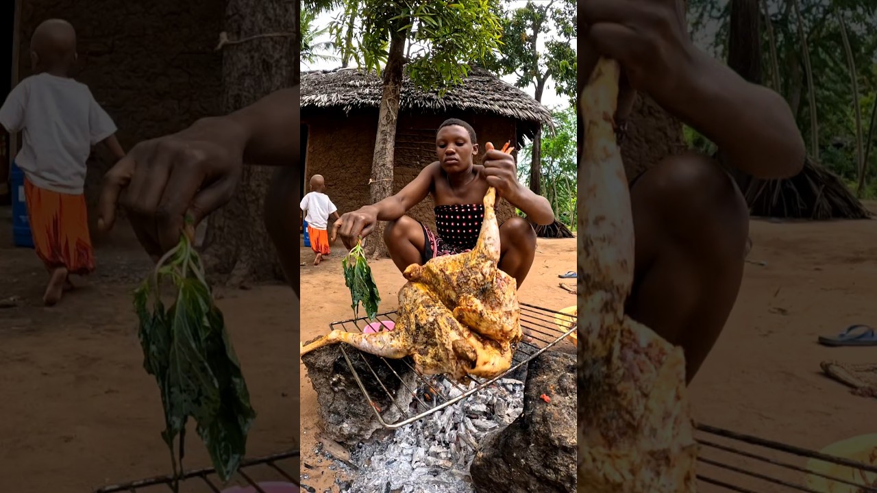 African Village Mom Grilling Organic Chicken Over Charcoal  #VillageCooking #OrganicFood