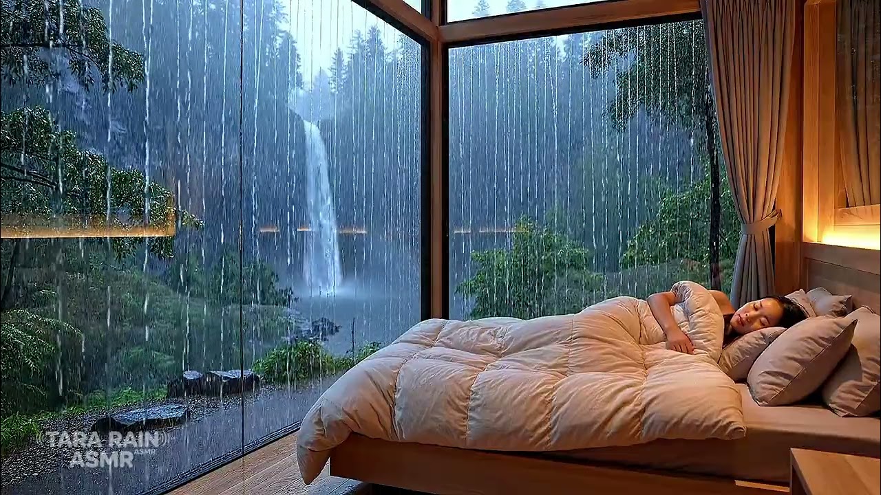 10 Hours Rain Ambience for Deep Sleep | Cozy Bedroom by Glass Window with Waterfall ASMR